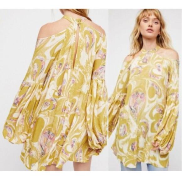 Free People Drift Away Printed Cold Shoulder Tunic Dress in Chartreuse - Picture 1 of 11